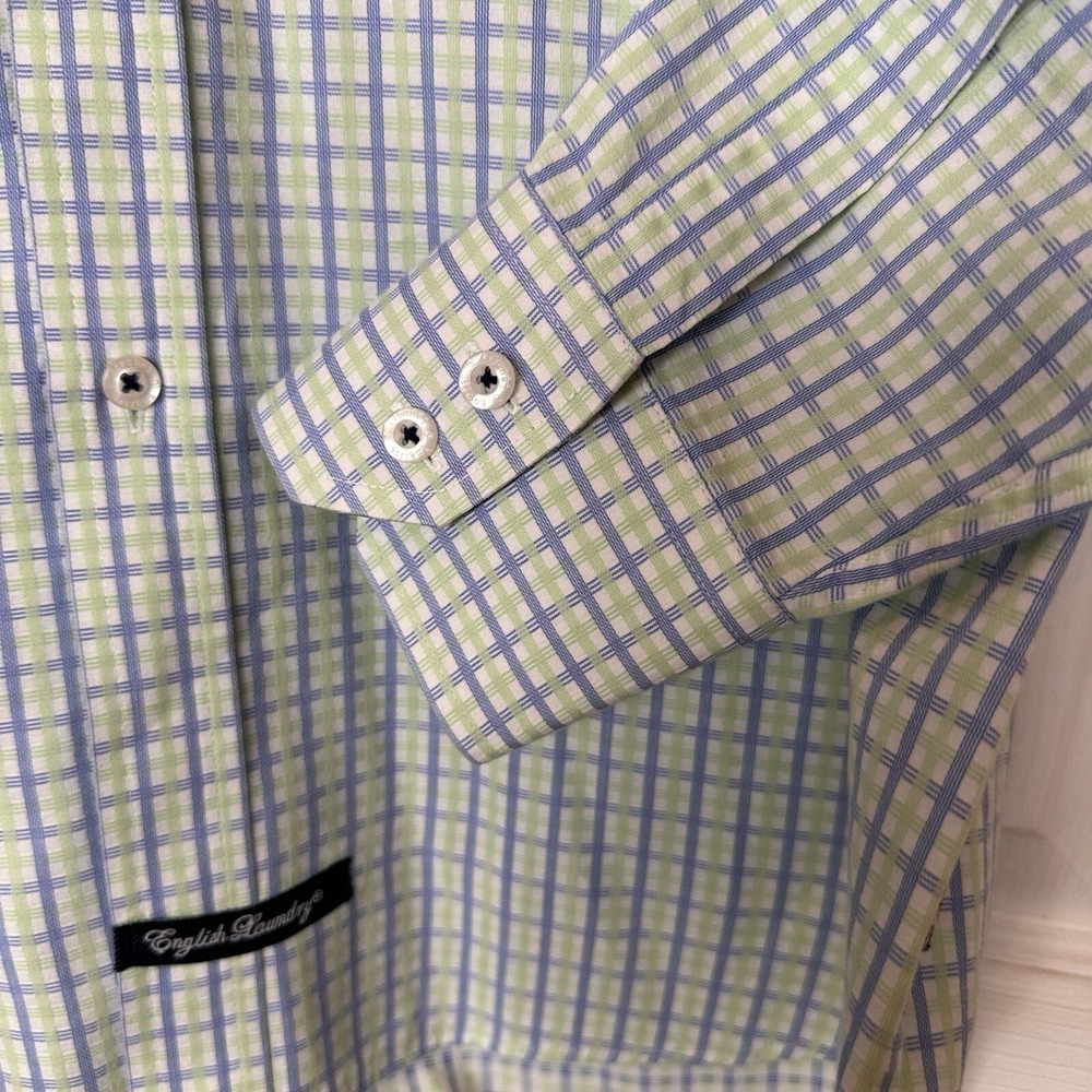 English Laundry Blue White Green Dress Shirt 16 1/2 34 - 35 Embroidered Logo LG - Picture 6 of 16
